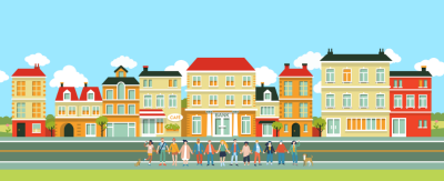 Digital picture of a downtown and people lining the street