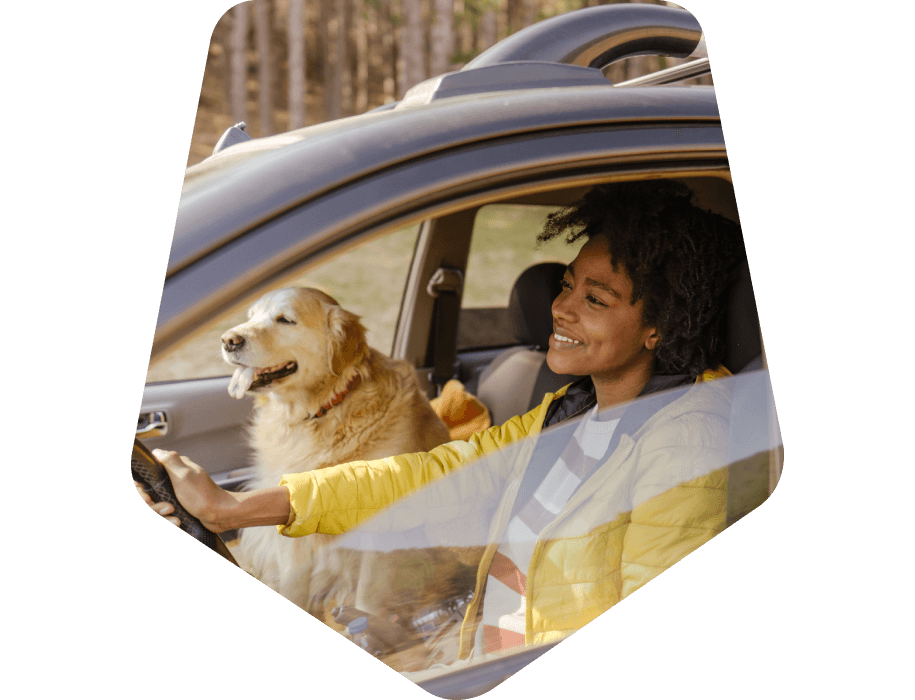 A young woman driving a car with a dog in the passenger seat