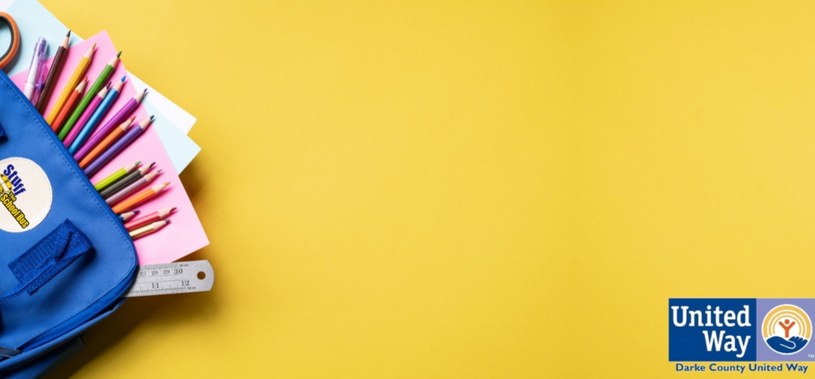 Yellow background with blue backpack and school supplies, United Way and Stuff the Bus Logo