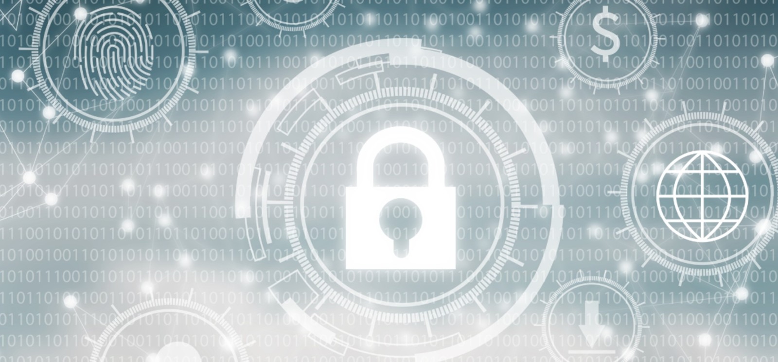 Cybersecurity themed blue background with white images of lock, fingerprint, dollar sign, etc.